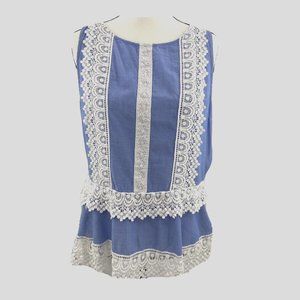 Venus Girls Sz 16 Sleeveless Blouse Blue White Crochet Lace Size Zip Cotton